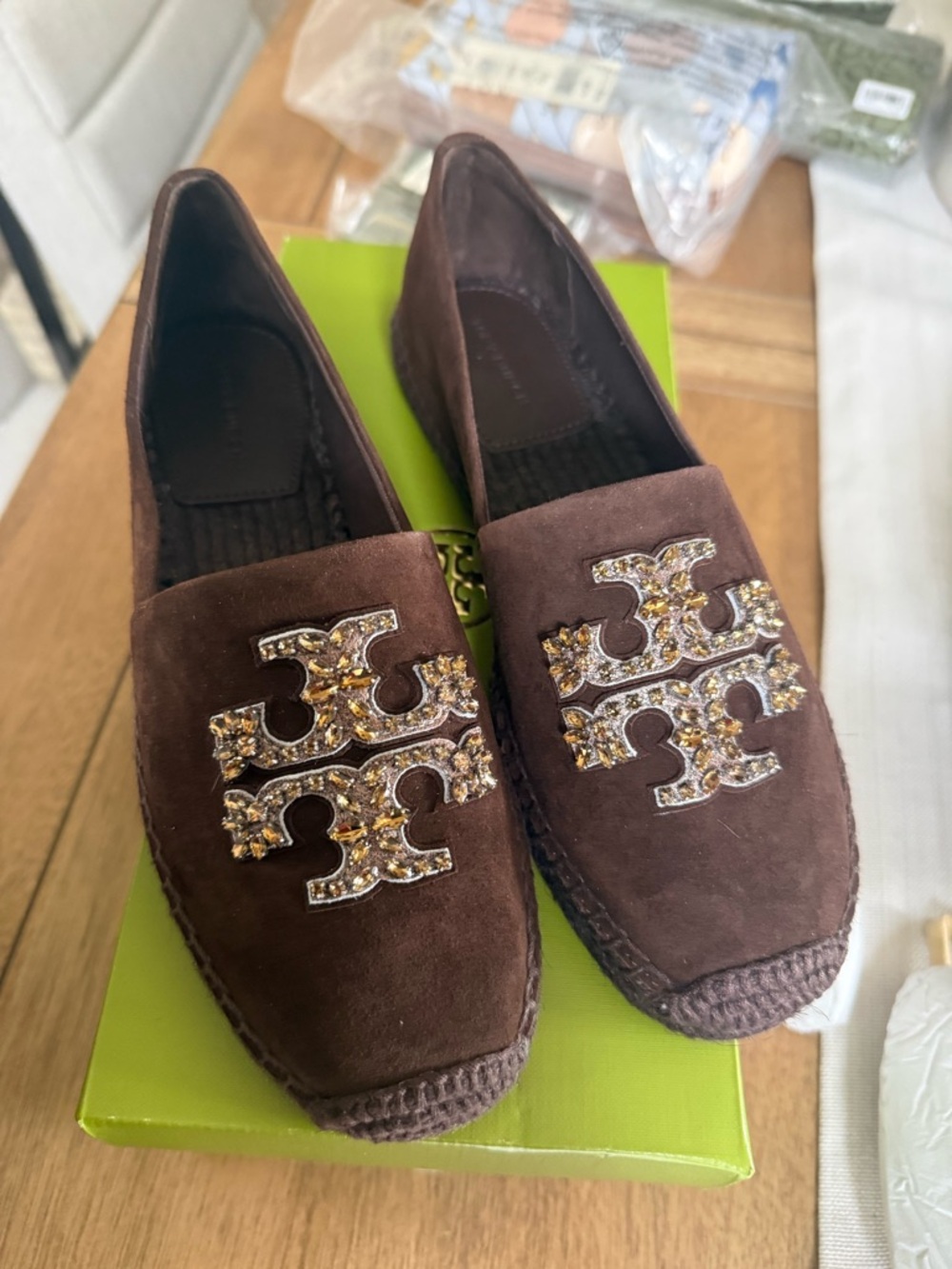Tory Burch Brown Suede Slip-On Loafers with Crystal Double-T Logo